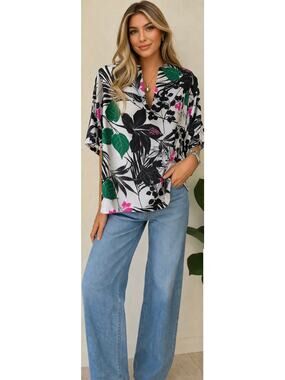 Worthington Floral Split Neck Blouse XL Black Green Pink